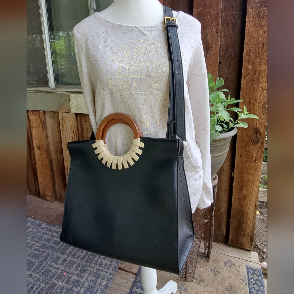 Black Leather Tote Bag with Wooden Handles